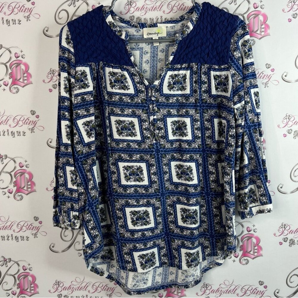 Porridge long sleeve patchwork paisley Bohemian Blue and White Patterned Blouse